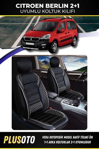 Plusoto Citroen Berlingo Ticari Uyumlu Vera Serisi Siyah Beyaz Oto Koltuk Kılıfı 5Li Takım Set T-9