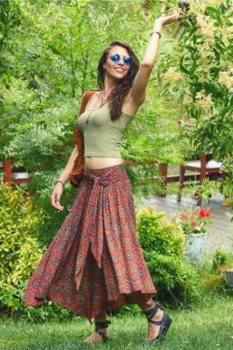 Los Banditos Retro Desenli Beli Bağlamalı Kloş Retro Midi Etek