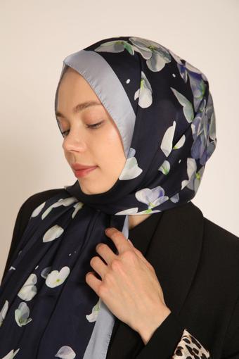 Dia Vela Akel Çift Taraflı Lacivert Mavi Çiçek Desenli Soft Şal