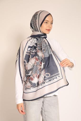 Dia Vela Lacivert-Bej Barok ve Zincir Desenli Şal – Zarif ve Modern Kombinler İçin