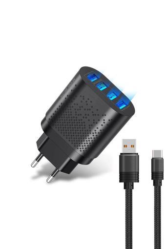 48 W 3 Amper 4 Usb Portlu Hızlı Şarj Cihaz - Çoklu Şarj - Siyah + 3 A Hızlı Şarj Kablosu