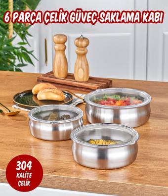 3’lü Çelik Güveç Model Saklama Kabı 6 Parça