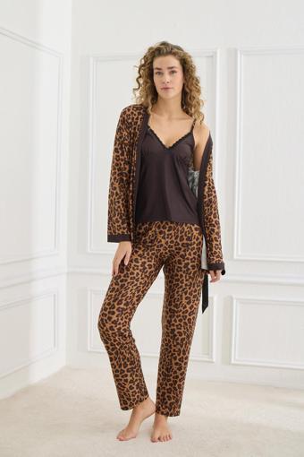 Kadın Leopar Desen İp Askılı Sabahlıklı 3'lü Pijama Takım | Siyah 30201-951