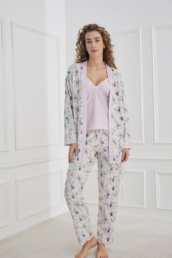 Kadın Çiçek Desenli İp Askılı Sabahlıklı 3'lü Pijama Takım | Lila 30201-954