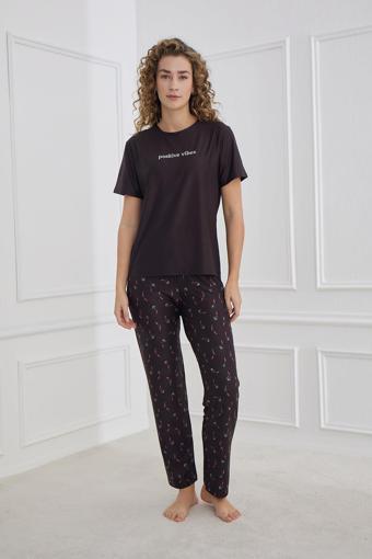 Kadın Çiçek Desenli Kısa kollu  Pijama Takım | Siyah 30102-1167