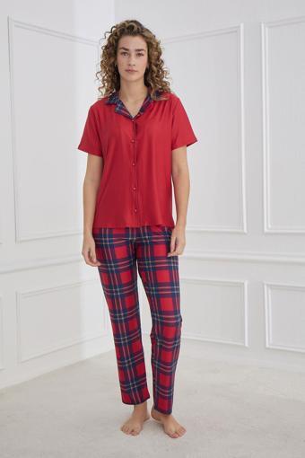 Kadın Desenli Polo Yaka Kısa Kol Pijama Takım | Kırmızı 30101-327