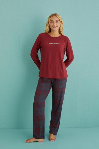 Kadın Genç Bisiklet Yaka Uzun Kollu Pijama Takımı | Bordo 50902-42