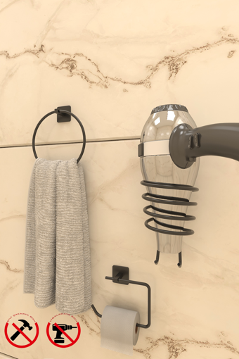  Jasmin Yapışkanlı Siyah Kare 3'lü Banyo Seti - Halka Havluluk, Açık Kağıtlık, Kare Fön Makinesi Askısı