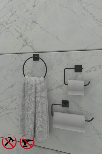 Jasmin Yapışkanlı Siyah Kare 3'lü Banyo Seti | Tuvalet Kağıtlığı, Solo Havluluk, Yuvarlak Havluluk