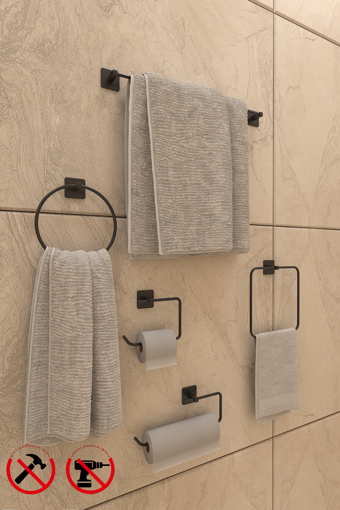 Jasmin Yapışkanlı Siyah Kare 5'li Banyo Aksesuar Seti - Uzun Havluluk, Kare Havluluk, Yuvarlak Havluluk, Kağıtlık, Solo Havluluk