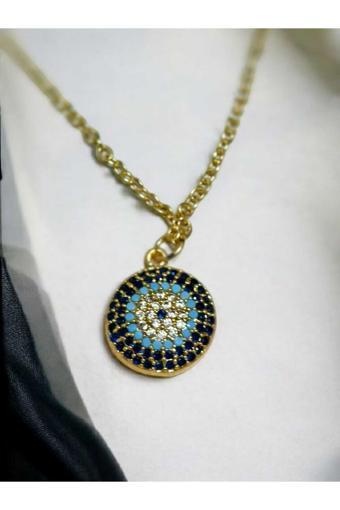 Lyven Altın Kaplama Lacivert & Turkuaz Taşlı Yuvarlak Medallion Kolye - Zarif Nazar Desenli