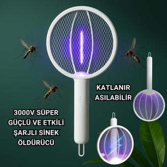 Polham 1200mAh Şarjlı 3000V Katlanabilir Ultra Güçlü Sinek ve Sivrisinek Öldürücü, 3in1 Askılı Standlı
