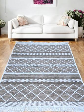 Dokuma Kilim Bej-Krem Çift Taraflı Kullanılabilir Makinede Yıkanabilir Pamuklu Dokuma Kilim 