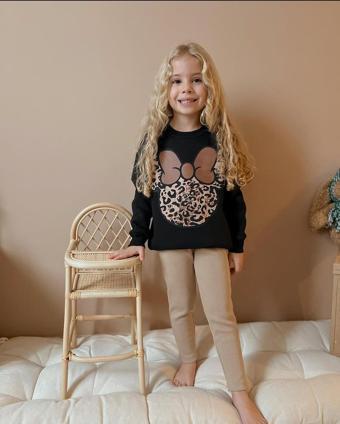 Kız Çocuk Leopar Desen Fitilli Taytlı Kız Çocuk Takım 1631K