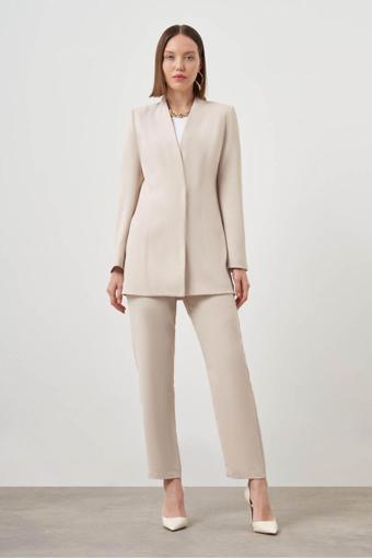 Mizalle Yakasız Blazer Bej Ceket XL