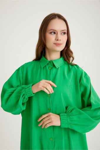 Mizalle Kolu Lastikli Tunik Yeşil Gömlek L