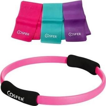 Cosfer Pilates Çemberi 38 Cm Ve 3'lü Plates Bandı 90X 7,5 Cm İkili Set Pembe