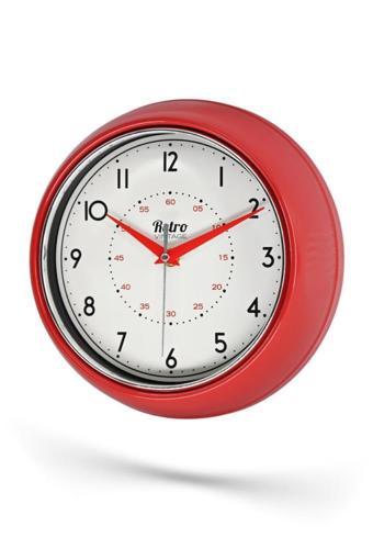New-Max Premium Serisi Retro Tasarım Metal Kadranlı Bombeli Cam Özellikli 25 cm Ev ve Ofis Saati Kırmızı