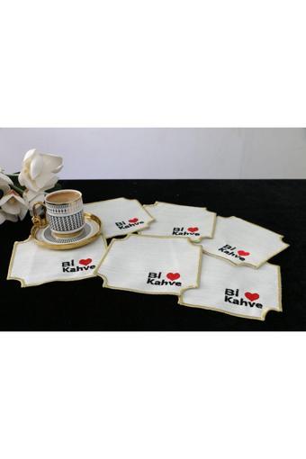 Plt Design 6'Lı Bi Kahve Desenli Linen Keten Kahve Yanı Kokteyl Sunum Peçetesi