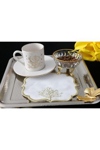 Plt Design 6'Lı Hayat Ağacı Desenli Linen Keten Kahve Yanı Kokteyl Sunum Peçetesi