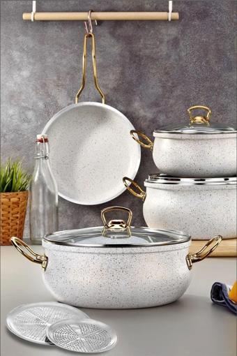 Plt Design Fabrika Satış Mağazası 9 Parça Gold Demir Kulp Beyaz Granit Tencere Seti (Dolma Sarma Altlğı Hediye)