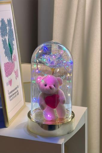 Celestia Anneler Gününe Özel Galaxy Rose Yapay Gül Ayıcıklı Fanus Lamba Usb Yapay Çiçek Dekoratif Hediyelik