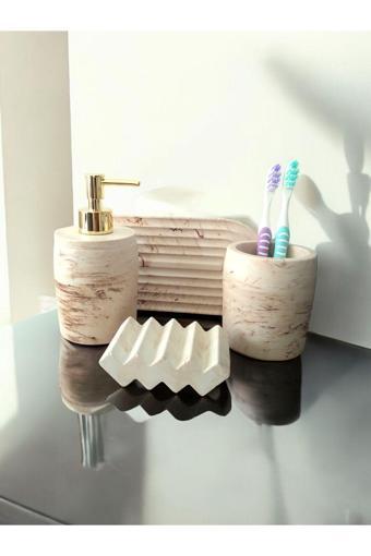 Trust Stone Marble Serisi  Bej Sıvı Sabunluk Ve Diş Fırçalık Seti