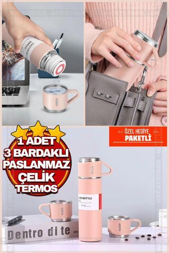 Pembe Piknik Kamp Termosu Paslanmaz Çelik 3 Bardaklı 500ML Vakumlu Çay Kahve Sıcak Soğuk Termos Seti