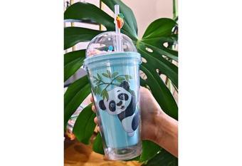 Pipetli Karakter Figürlü Sevimli Panda Temalı Çift Katman 450 ML Suluk Pipetli Mika Matara Mavi 2770