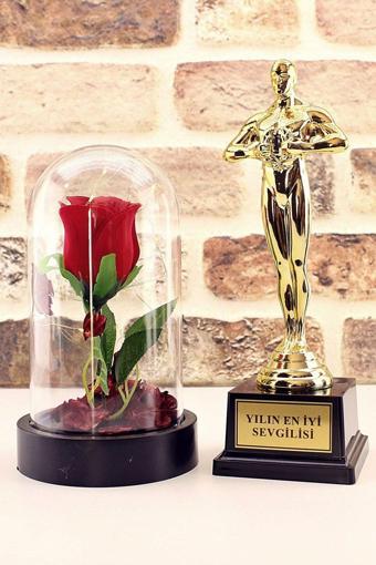 Yılın En Iyi Sevgilisi Oscar Ödülü Ve Led Işıklı Fanus Gül Seti Sevgiliye Özel Günlere Şık Hediye