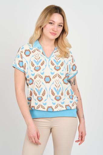 Ella Camelia Kadın Desenli Polo Yaka Beli ve Kolları Lastikli Bluz 24E107 Turkuaz