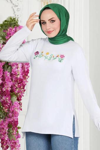 Kadın Bisiklet Yaka Çiçek Baskılı Tunik Beyaz - 26628