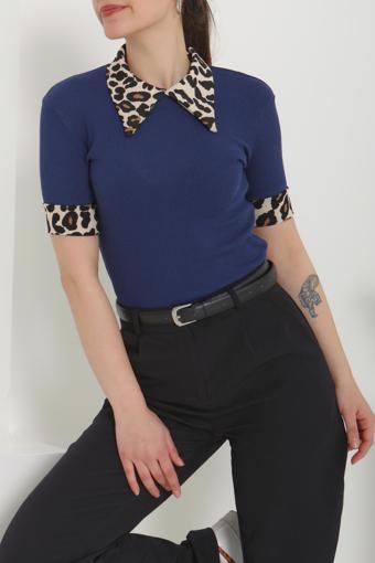 Leopar Yakalı Crop Lacivert - 27136
