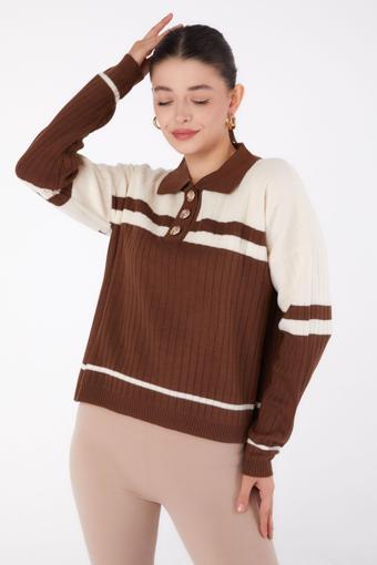 Düğmeli Triko Kazak Kahve Krem - 26424