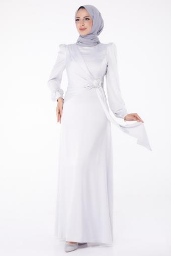 Taşlı Abiye Elbise Gri - 26193