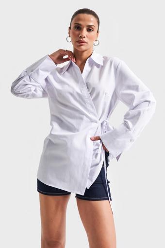 Kadın Beyaz Renk s5-2 Yandan Bağlamalı Maxi Uzun Boy Oversize %100 Pamuk Gömlek