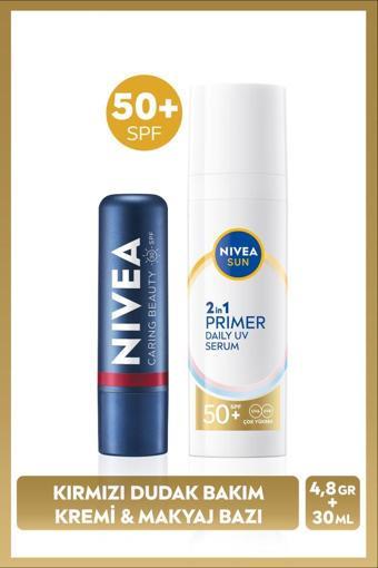 SUN SPF50 Güneş Koruyucu Primer Nemlendirici Makyaj Bazı30ml ve Kırmızı Renk Nemlendirici Dudak Krem