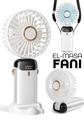 LCD Ekranlı Şarjlı El Fanı Mini Vantilatör 5 Kademe Sessiz Boyun Askılı Beyaz Fan