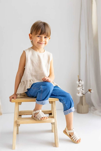 Bej Naturel Keten Kolsuz Uçları Fırfırlı Kız Çocuk Bluz Bej