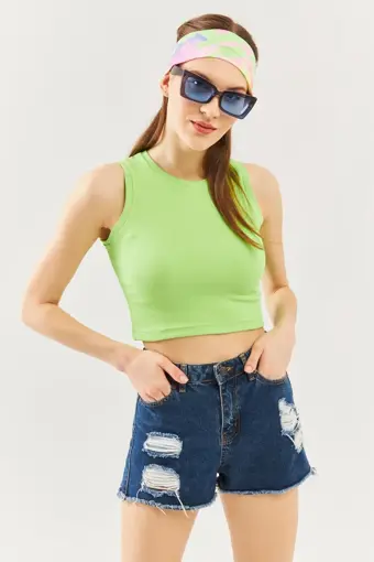 Kadın Sıfır Kol Bisiklet Yaka Vücuda Oturan %100 Pamuklu Kaşkorse Esnek Crop Bluz