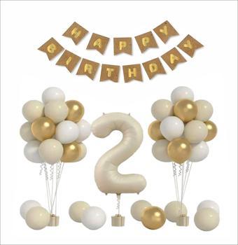 2 YAŞ KRAFT TEMA GOLD ,BEYAZ, KUM BALON+ BANER SETİ