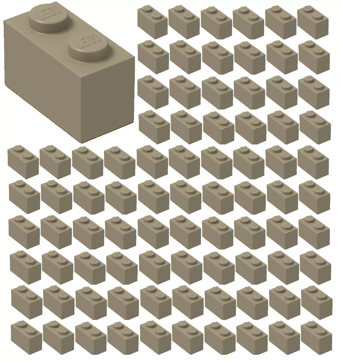 100 Adet LEGO 1x2 Düz Koyu Krem Tuğla Parçası - Yedek Parça