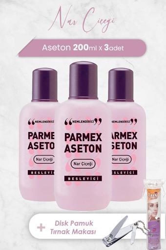 Parmex Pembe Nar Çiçeği Aseton 200 ml x 3 Adet, Oval Pamuk 40' lı ve Tırnak Makası