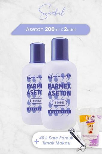 Parmex Aseton Sümbül Mor 200 ml x 2 Adet,  Kare Pamuk 40' lı ve Tırnak Makası