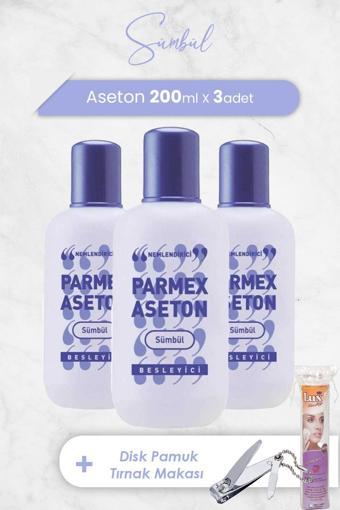 Parmex Aseton Sümbül Mor 200 ml x 3 Adet, Oval Makyaj Pamuğu 40' lı ve Tırnak Makası