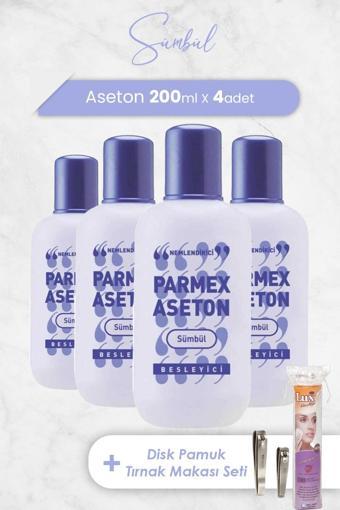 Parmex Aseton Sümbül Mor 200 ml x 4 Adet, Disk Makyaj Pamuğu 100'lü ve Tırnak Makası Seti