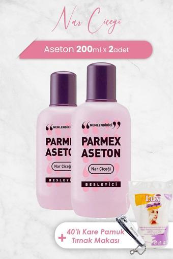 Parmex Pembe Nar Çiçeği Aseton 200 ml x 2 Adet, Kare Pamuk 40' lı ve Tırnak Makası