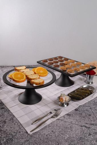 2'li Siyah Yuvarlak ve Dikdörtgen Pasta Standı, Kek ve Kurabiye Sunum Stantı, Çeyizlik, Hediyelik