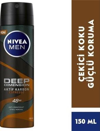 Nivea Men Erkek Sprey Deodorant Deep Dimension Espresso 150Ml, 48 Saat Anti-Perspirant Koruma