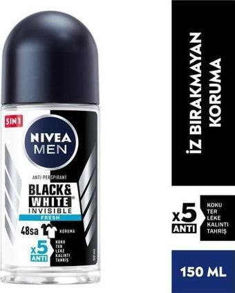 Nivea Men Erkek Roll On Deodorant Black & White Fresh,48 Saat Anti-Perspirant Koruma, 50 ml